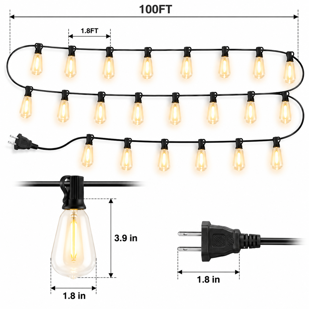 100FT Outdoor String Lights 52 Bulbs