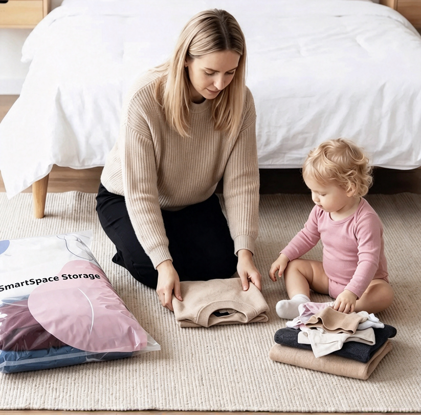 Family organizing clothes with space-saving storage bags