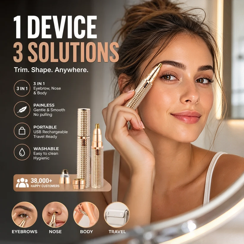 💥New & Improved：3-in-1 Portable Electric Eyebrow & Facial Hair Trimmer – USB Rechargeable with Interchangeable Heads