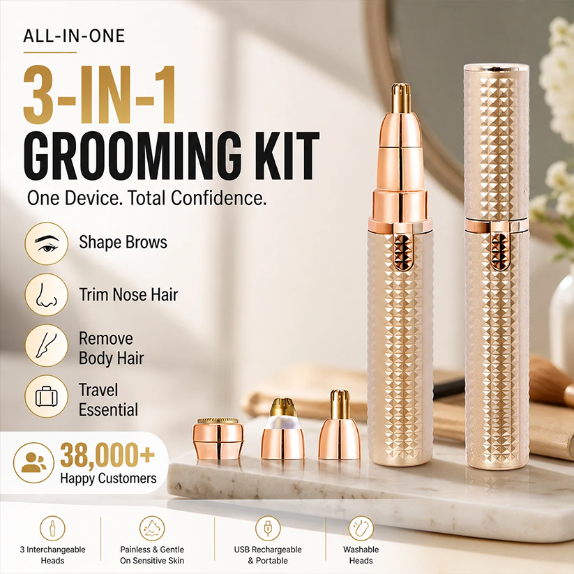 💥New & Improved：3-in-1 Portable Electric Eyebrow & Facial Hair Trimmer – USB Rechargeable with Interchangeable Heads