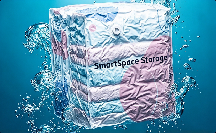 Storage bag shown in a water splash demonstration