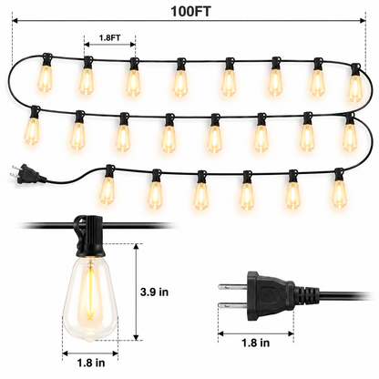 100FT Outdoor String Lights 52 Bulbs