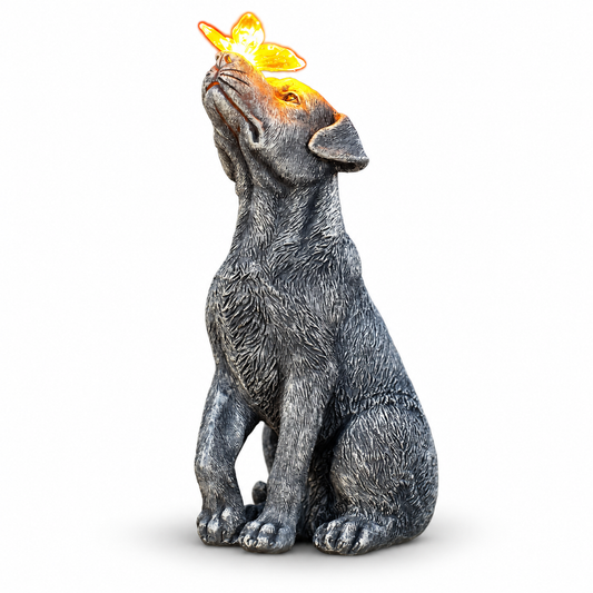 Dog Statue with Solar Butterfly Garden Decor