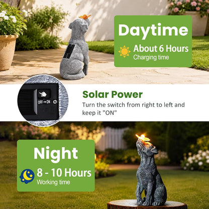 Dog Statue with Solar Butterfly Garden Decor