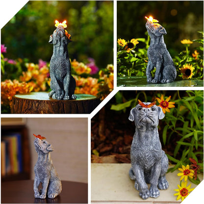Dog Statue with Solar Butterfly Garden Decor