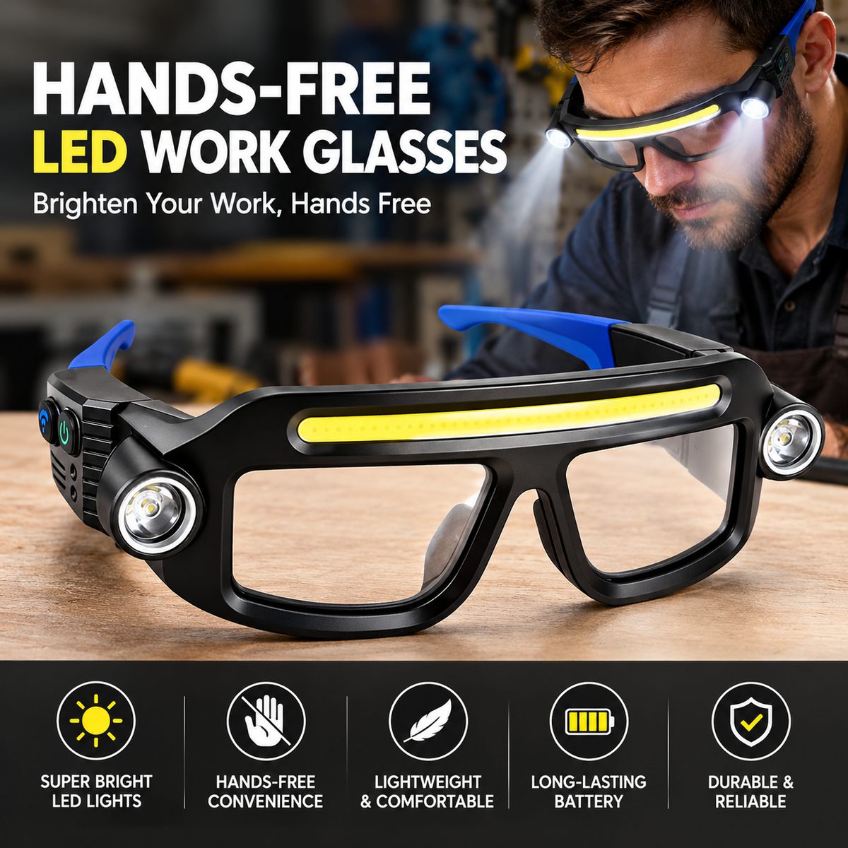 LED Work Glasses for DIY & Repairs – Hands-Free Lighting for Close-Up Tasks